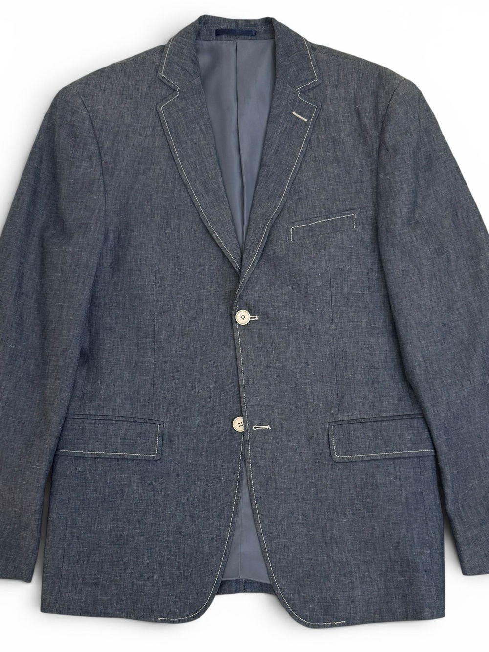 Enzo Tovare Blue 100% Linen Sport Coat Blazer White Contrast Stitching 38R